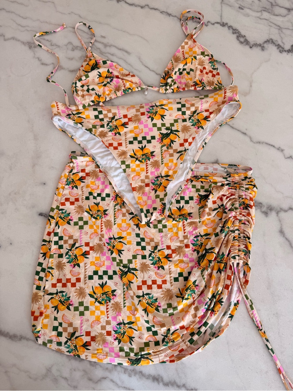 Fashion Nova Orange Floral Check Triangle Bikini with Matching Skirt Coverup